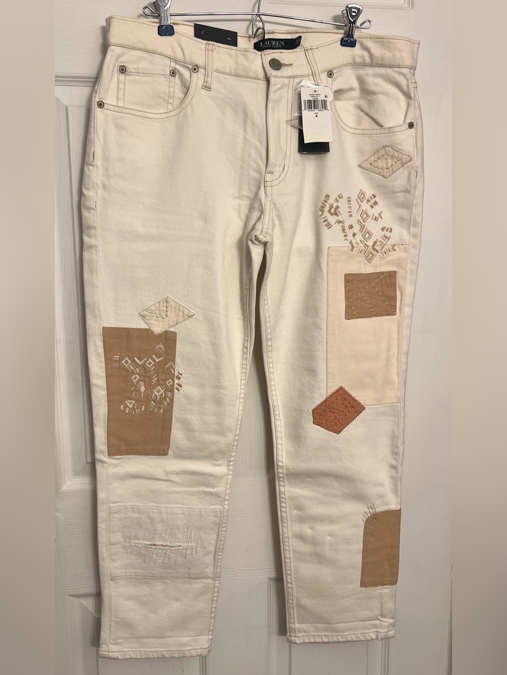 Lauren Ralph Lauren Relaxed Taper Patchwork Jeans Cream 27Waist/Size 4